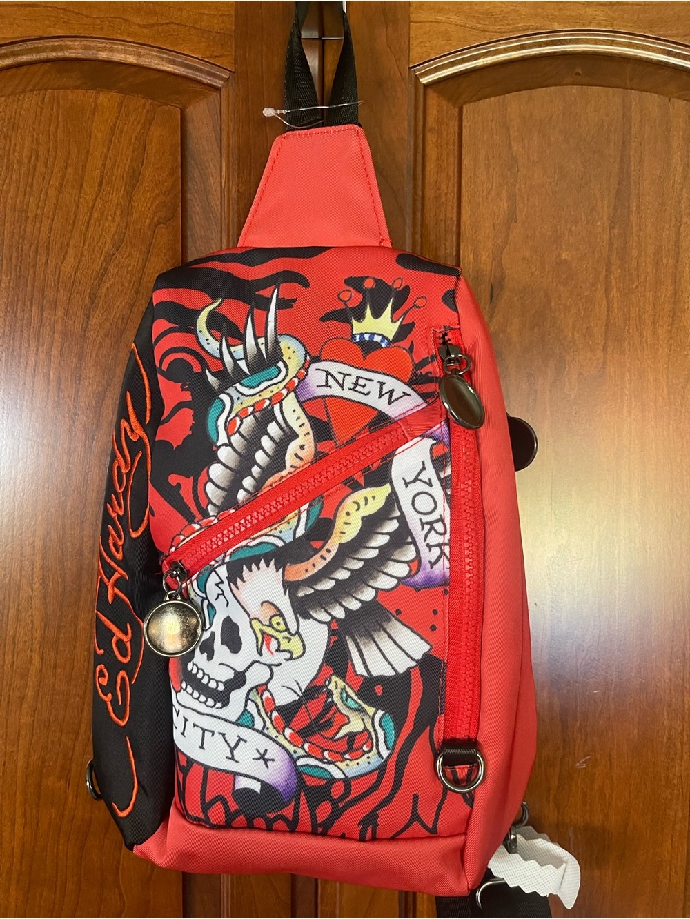 Ed Hardy Red Skull & Eagle Sling Bag with Graphic Print